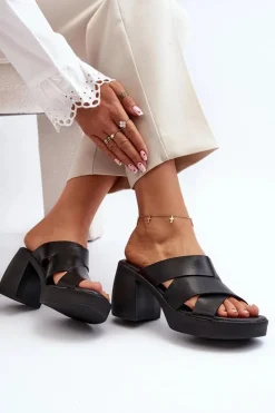 Discount Zazoo 40373 Skórzane Klapki Na Klocku Czarne Czarny