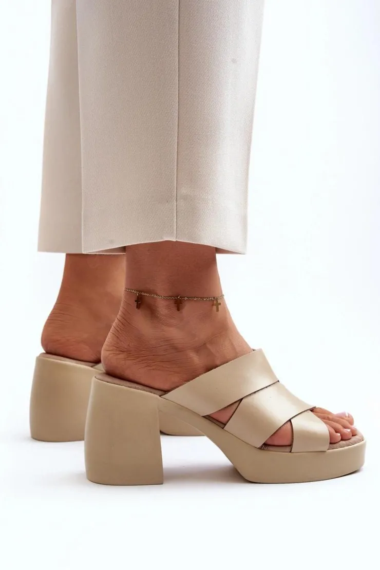 Zazoo Klapki Na Obcasie|Klapki Damskie Klasyczne*40373 Skórzane Klapki Na Klocku Beżowe Beżowy