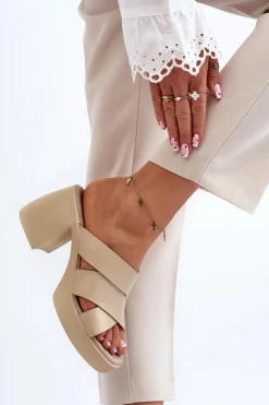 Zazoo Klapki Na Obcasie|Klapki Damskie Klasyczne*40373 Skórzane Klapki Na Klocku Beżowe Beżowy