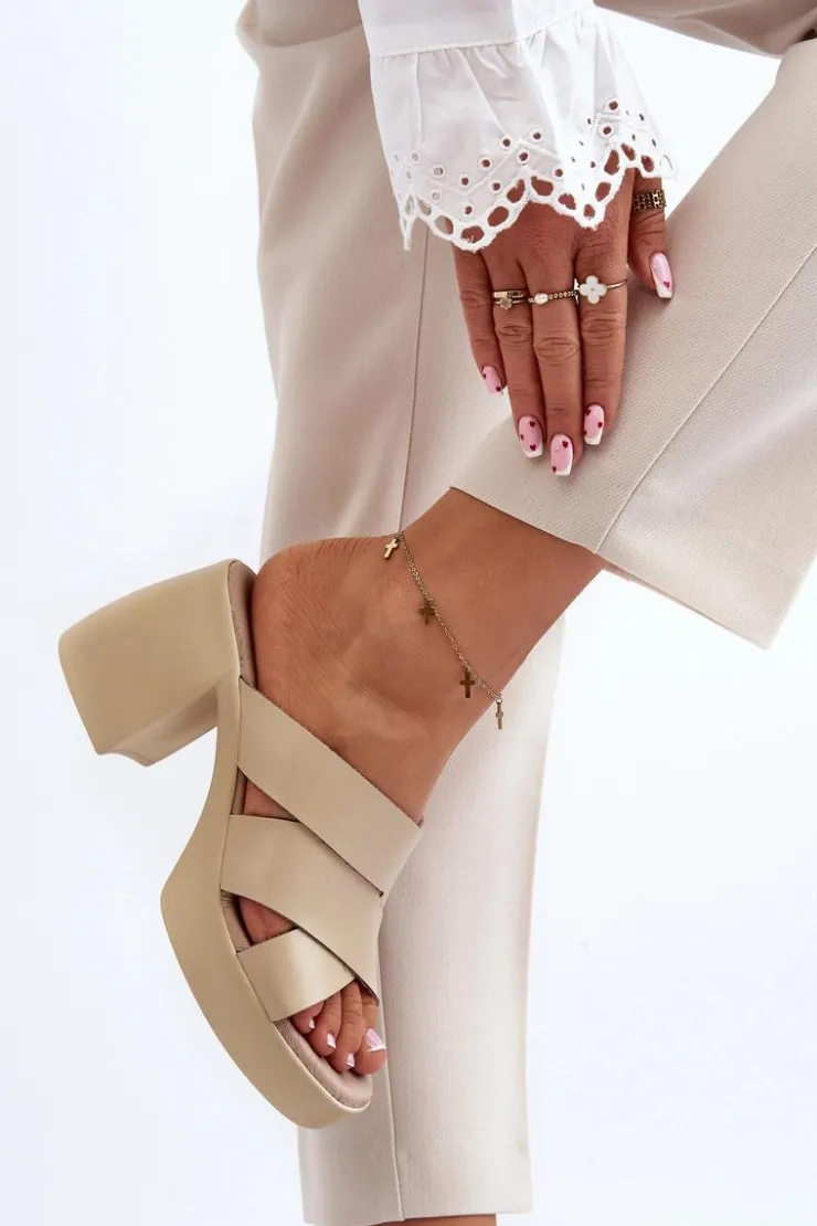 Zazoo Klapki Na Obcasie|Klapki Damskie Klasyczne*40373 Skórzane Klapki Na Klocku Beżowe Beżowy