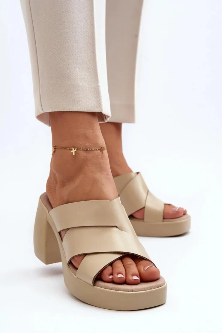 Zazoo Klapki Na Obcasie|Klapki Damskie Klasyczne*40373 Skórzane Klapki Na Klocku Beżowe Beżowy