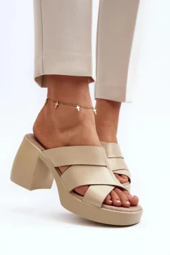 Zazoo Klapki Na Obcasie|Klapki Damskie Klasyczne*40373 Skórzane Klapki Na Klocku Beżowe Beżowy