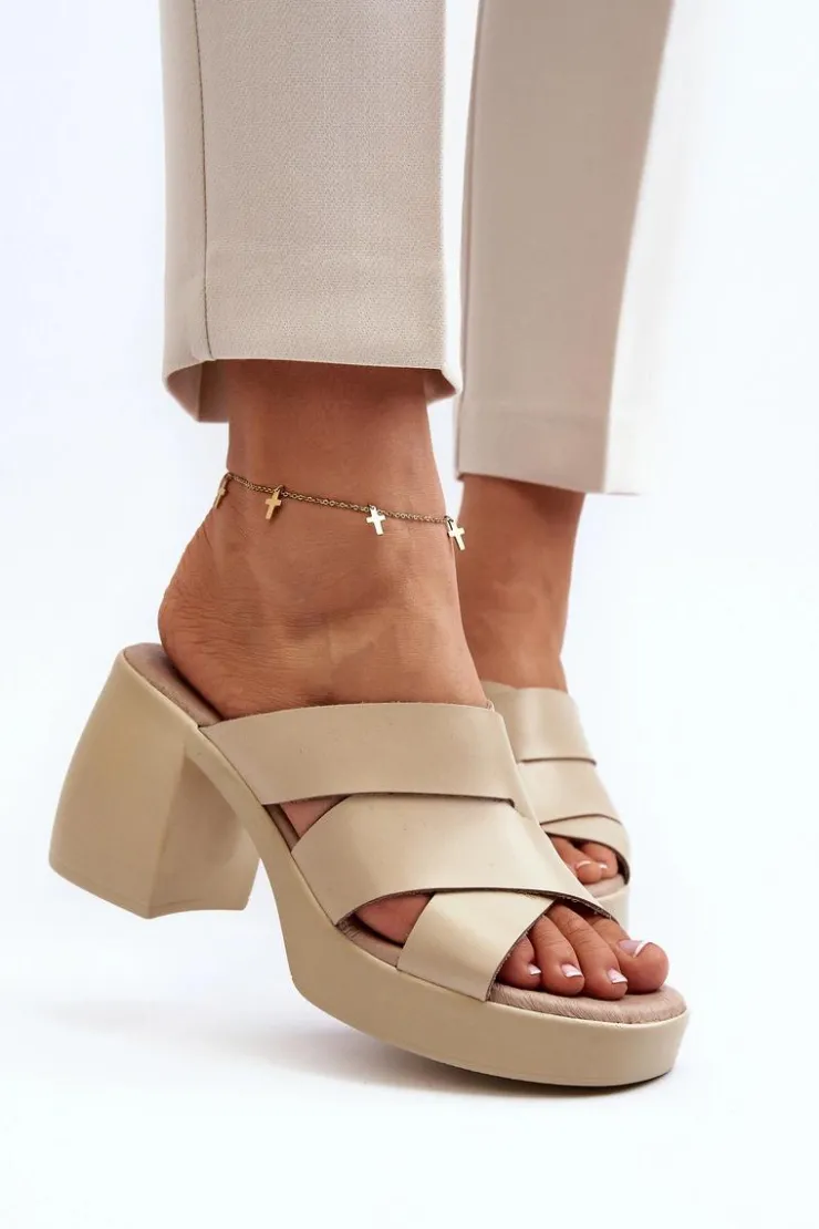 Zazoo Klapki Na Obcasie|Klapki Damskie Klasyczne*40373 Skórzane Klapki Na Klocku Beżowe Beżowy