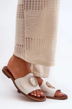 Damskie Zazoo 2938 Skórzane Klapki Na Płaskim Obcasie Z Ozdobą Złote Przecierane