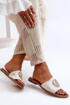 Damskie Zazoo 2938 Skórzane Klapki Na Płaskim Obcasie Z Ozdobą Złote Przecierane