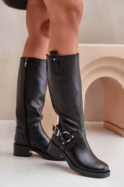 Zazoo Kozaki Ocieplane|Kozaki Płaskie*70141 Skórzane Kozaki Damskie Przed Kolano Czarne Czarny