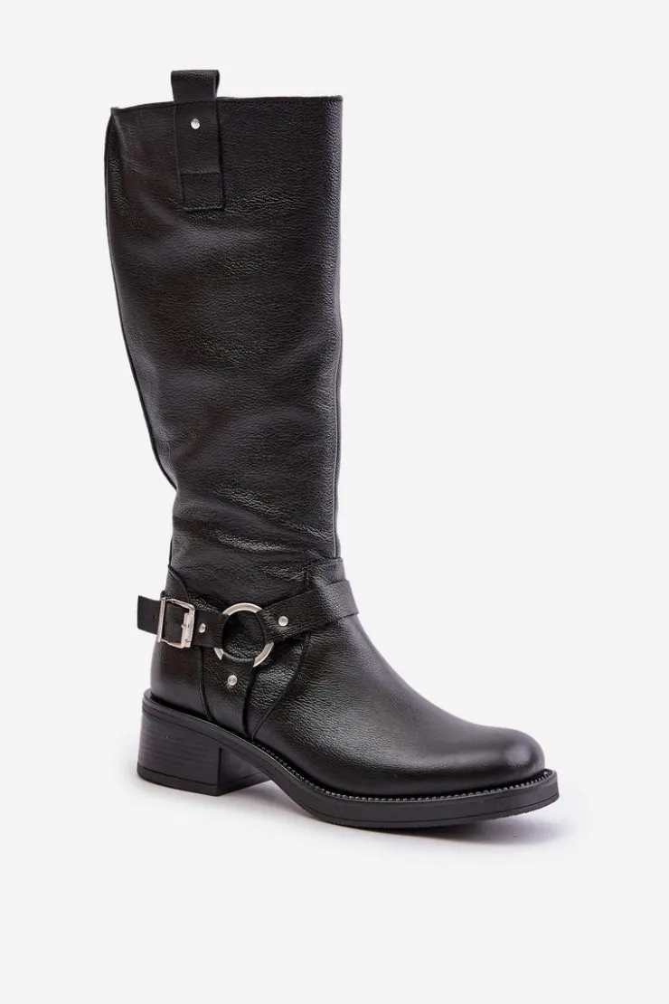 Zazoo Kozaki Ocieplane|Kozaki Płaskie*70141 Skórzane Kozaki Damskie Przed Kolano Czarne Czarny