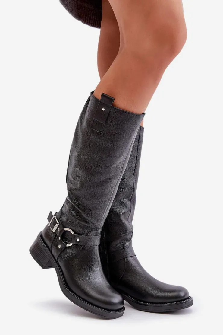 Zazoo Kozaki Ocieplane|Kozaki Płaskie*70141 Skórzane Kozaki Damskie Przed Kolano Czarne Czarny