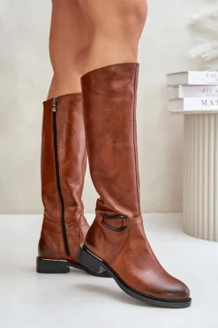 Damskie Zazoo 70140 Skórzane Kozaki Damskie Przed Kolano Ocieplane Brązowe