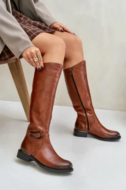 Damskie Zazoo 70140 Skórzane Kozaki Damskie Przed Kolano Ocieplane Brązowe