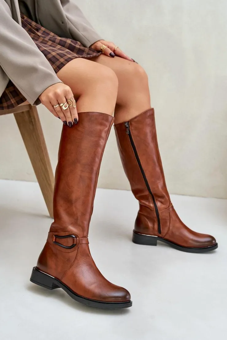 Damskie Zazoo 70140 Skórzane Kozaki Damskie Przed Kolano Ocieplane Brązowe