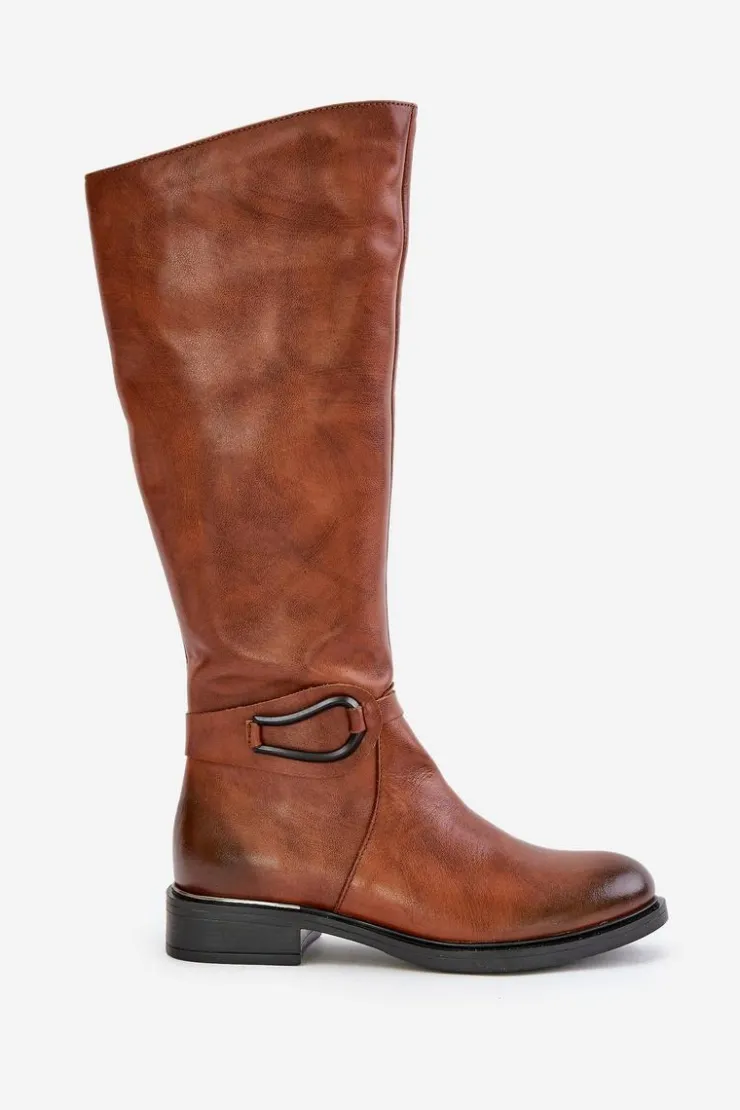 Damskie Zazoo 70140 Skórzane Kozaki Damskie Przed Kolano Ocieplane Brązowe