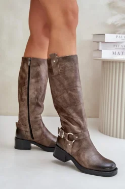 Damskie Zazoo 70141 Skórzane Kozaki Damskie Przed Kolano Brązowe