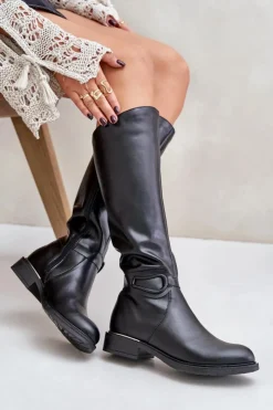 Zazoo Kozaki Ocieplane|Kozaki Płaskie*70140 Skórzane Kozaki Damskie Przed Kolano Ocieplane Czarne Czarny