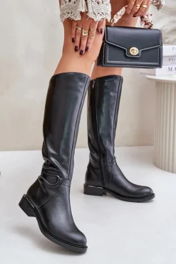 Zazoo Kozaki Ocieplane|Kozaki Płaskie*70140 Skórzane Kozaki Damskie Przed Kolano Ocieplane Czarne Czarny