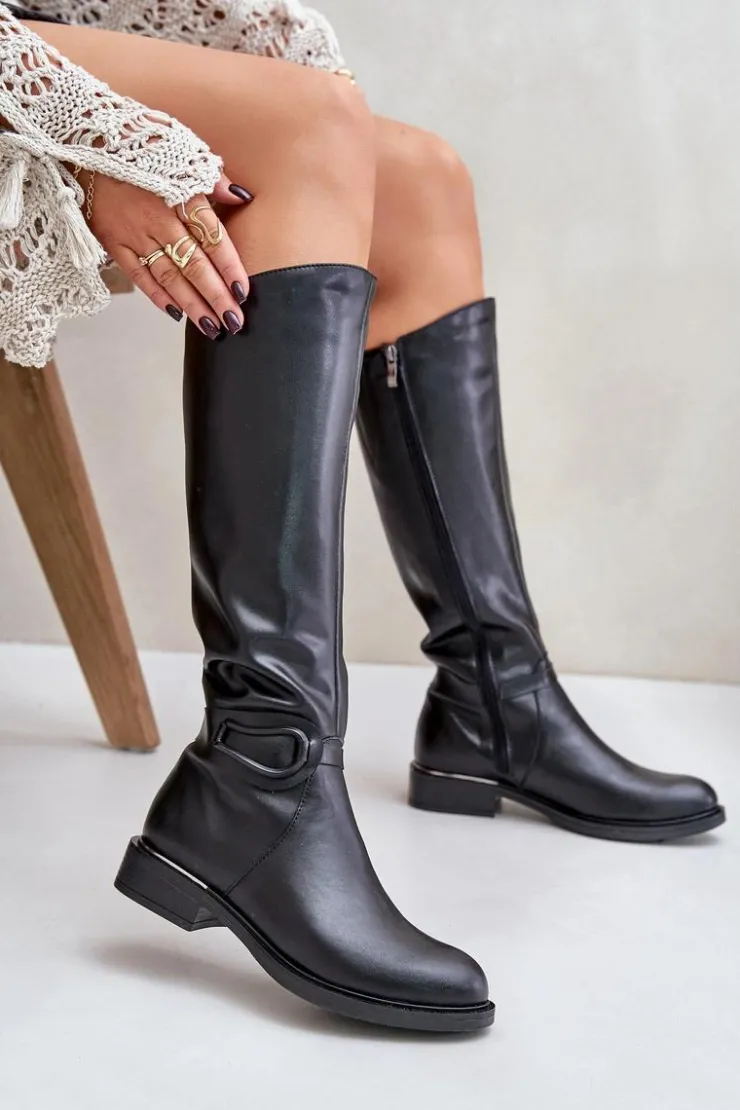 Zazoo Kozaki Ocieplane|Kozaki Płaskie*70140 Skórzane Kozaki Damskie Przed Kolano Ocieplane Czarne Czarny