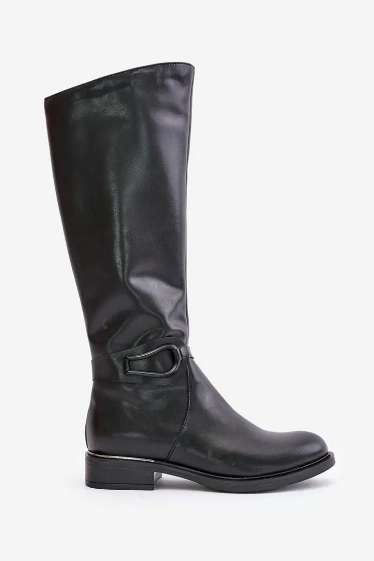 Zazoo Kozaki Ocieplane|Kozaki Płaskie*70140 Skórzane Kozaki Damskie Przed Kolano Ocieplane Czarne Czarny