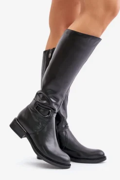 Zazoo Kozaki Ocieplane|Kozaki Płaskie*70140 Skórzane Kozaki Damskie Przed Kolano Ocieplane Czarne Czarny