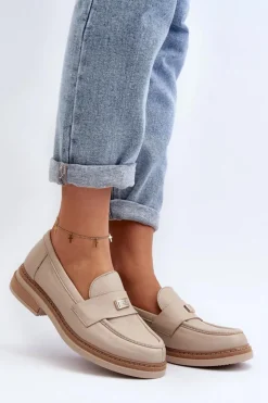 Zazoo Loafersy Damskie|Mokasyny Płaskie*20165 Skórzane Mokasyny Damskie Beżowe Beżowy