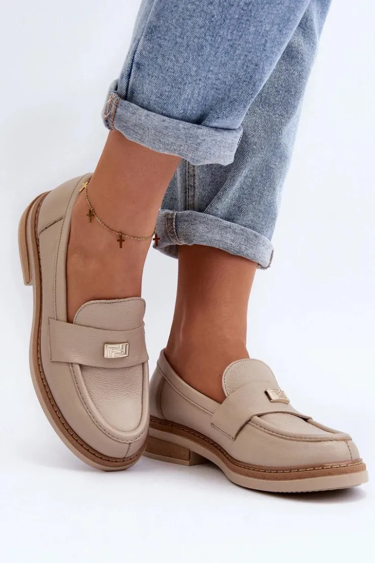 Zazoo Loafersy Damskie|Mokasyny Płaskie*20165 Skórzane Mokasyny Damskie Beżowe Beżowy