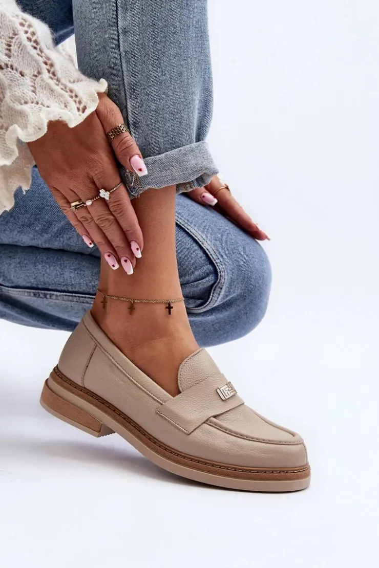 Zazoo Loafersy Damskie|Mokasyny Płaskie*20165 Skórzane Mokasyny Damskie Beżowe Beżowy