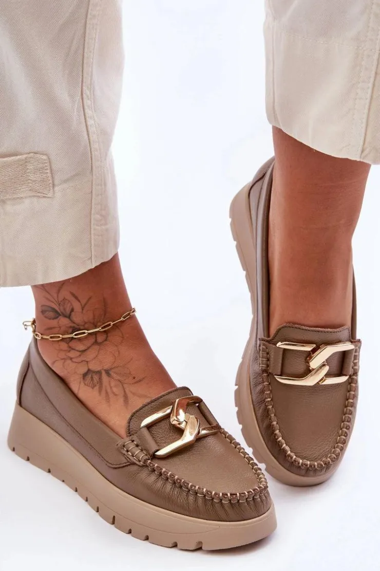 Online Zazoo 10141 Skórzane Mokasyny Na Platformie Z Ozdobą Ciemnobeżowe