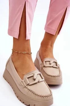 Damskie Zazoo 10141 Skórzane Mokasyny Na Platformie Z Ozdobą Beżowe