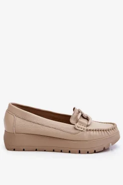 Damskie Zazoo 10141 Skórzane Mokasyny Na Platformie Z Ozdobą Beżowe