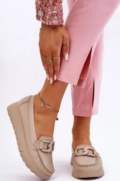 Damskie Zazoo 10141 Skórzane Mokasyny Na Platformie Z Ozdobą Beżowe