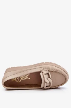 Damskie Zazoo 10141 Skórzane Mokasyny Na Platformie Z Ozdobą Beżowe