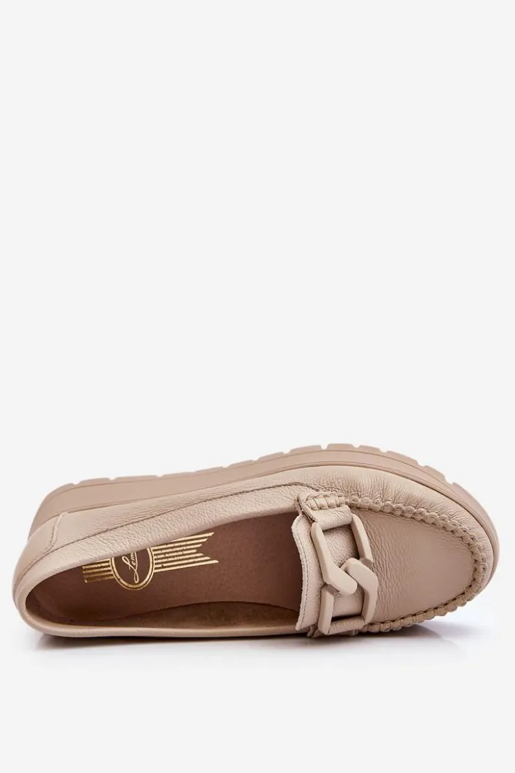 Damskie Zazoo 10141 Skórzane Mokasyny Na Platformie Z Ozdobą Beżowe