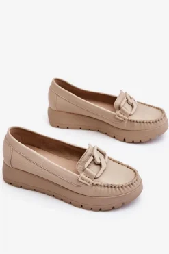 Damskie Zazoo 10141 Skórzane Mokasyny Na Platformie Z Ozdobą Beżowe