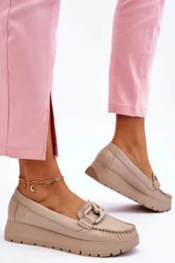 Damskie Zazoo 10141 Skórzane Mokasyny Na Platformie Z Ozdobą Beżowe