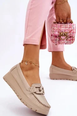 Damskie Zazoo 10141 Skórzane Mokasyny Na Platformie Z Ozdobą Beżowe