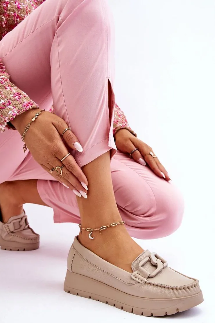 Damskie Zazoo 10141 Skórzane Mokasyny Na Platformie Z Ozdobą Beżowe