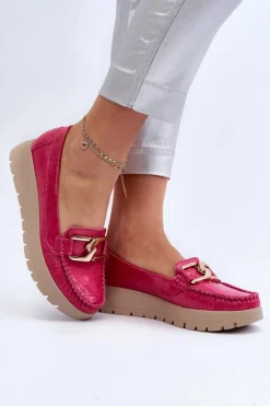 Zazoo Mokasyny Damskie Skórzane|Mokasyny Na Platformie*10141 Skórzane Mokasyny Na Platformie Z Ozdobą Fuksja
