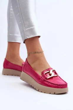 Zazoo Mokasyny Damskie Skórzane|Mokasyny Na Platformie*10141 Skórzane Mokasyny Na Platformie Z Ozdobą Fuksja