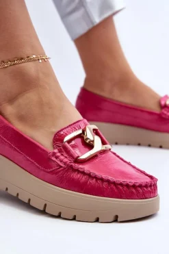 Zazoo Mokasyny Damskie Skórzane|Mokasyny Na Platformie*10141 Skórzane Mokasyny Na Platformie Z Ozdobą Fuksja