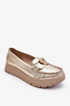 Hot Zazoo 10141 Skórzane Mokasyny Na Platformie Z Ozdobą Złote