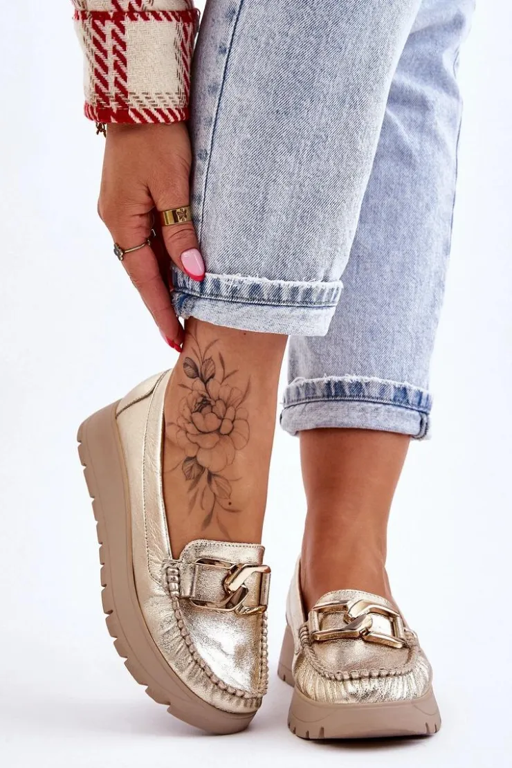 Hot Zazoo 10141 Skórzane Mokasyny Na Platformie Z Ozdobą Złote