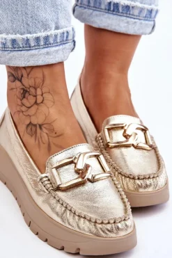 Hot Zazoo 10141 Skórzane Mokasyny Na Platformie Z Ozdobą Złote
