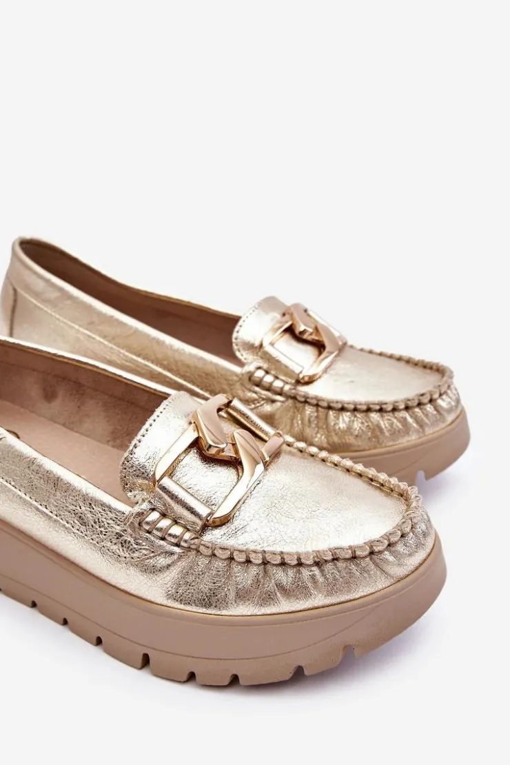 Hot Zazoo 10141 Skórzane Mokasyny Na Platformie Z Ozdobą Złote
