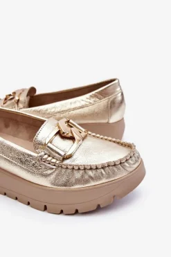 Hot Zazoo 10141 Skórzane Mokasyny Na Platformie Z Ozdobą Złote