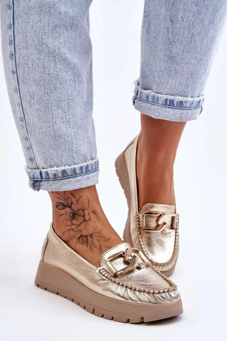 Hot Zazoo 10141 Skórzane Mokasyny Na Platformie Z Ozdobą Złote