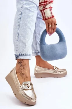 Hot Zazoo 10141 Skórzane Mokasyny Na Platformie Z Ozdobą Złote