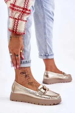 Hot Zazoo 10141 Skórzane Mokasyny Na Platformie Z Ozdobą Złote