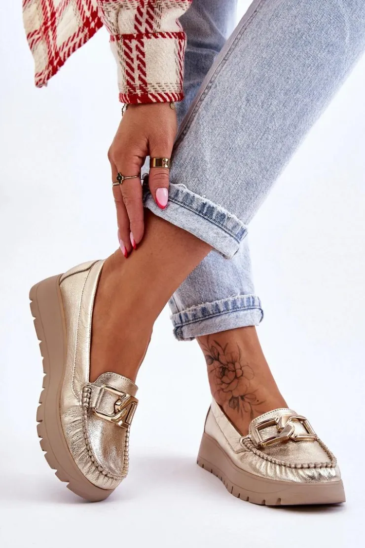 Hot Zazoo 10141 Skórzane Mokasyny Na Platformie Z Ozdobą Złote