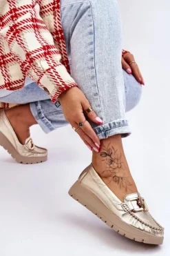 Hot Zazoo 10141 Skórzane Mokasyny Na Platformie Z Ozdobą Złote