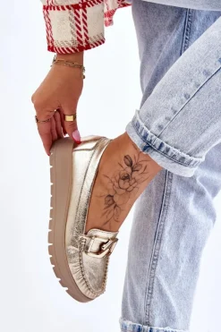 Hot Zazoo 10141 Skórzane Mokasyny Na Platformie Z Ozdobą Złote