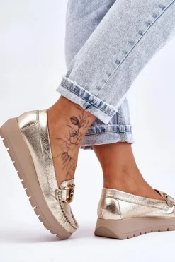 Hot Zazoo 10141 Skórzane Mokasyny Na Platformie Z Ozdobą Złote